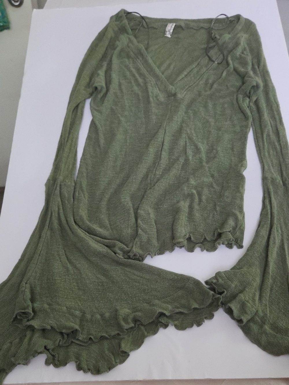 Anthropologie Olive Green V-Neck Ruffle Hem Long Sleeve Top